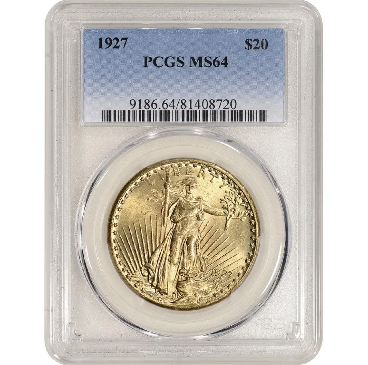 1927 $20 Twenty-Dollar Saint-Gaudens Double Eagle Gold Coin (PCGS MS64) at PristineAuction.com 1927 $20 Twenty-Dollar Saint-Gaudens Double Eagle Gold Coin (PCGS MS64) at PristineAuction.com