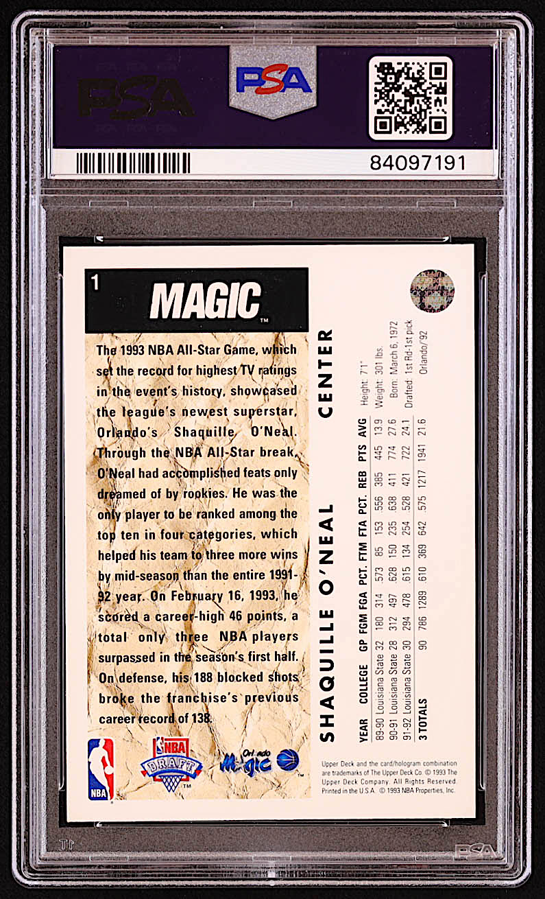 Shaquille O'Neal 1992-93 Upper Deck #1 SP RC / NBA First Draft Pick (PSA 7) at PristineAuction.com Shaquille O'Neal 1992-93 Upper Deck #1 SP RC / NBA First Draft Pick (PSA 7) at PristineAuction.com