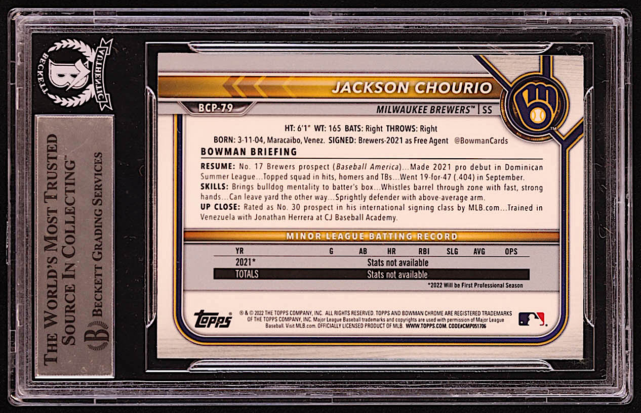 Jackson Chourio Signed Sticker on 2022 Bowman Chrome Prospects #BCP79 RC (BGS) at PristineAuction.com Jackson Chourio Signed Sticker on 2022 Bowman Chrome Prospects #BCP79 RC (BGS) at PristineAuction.com