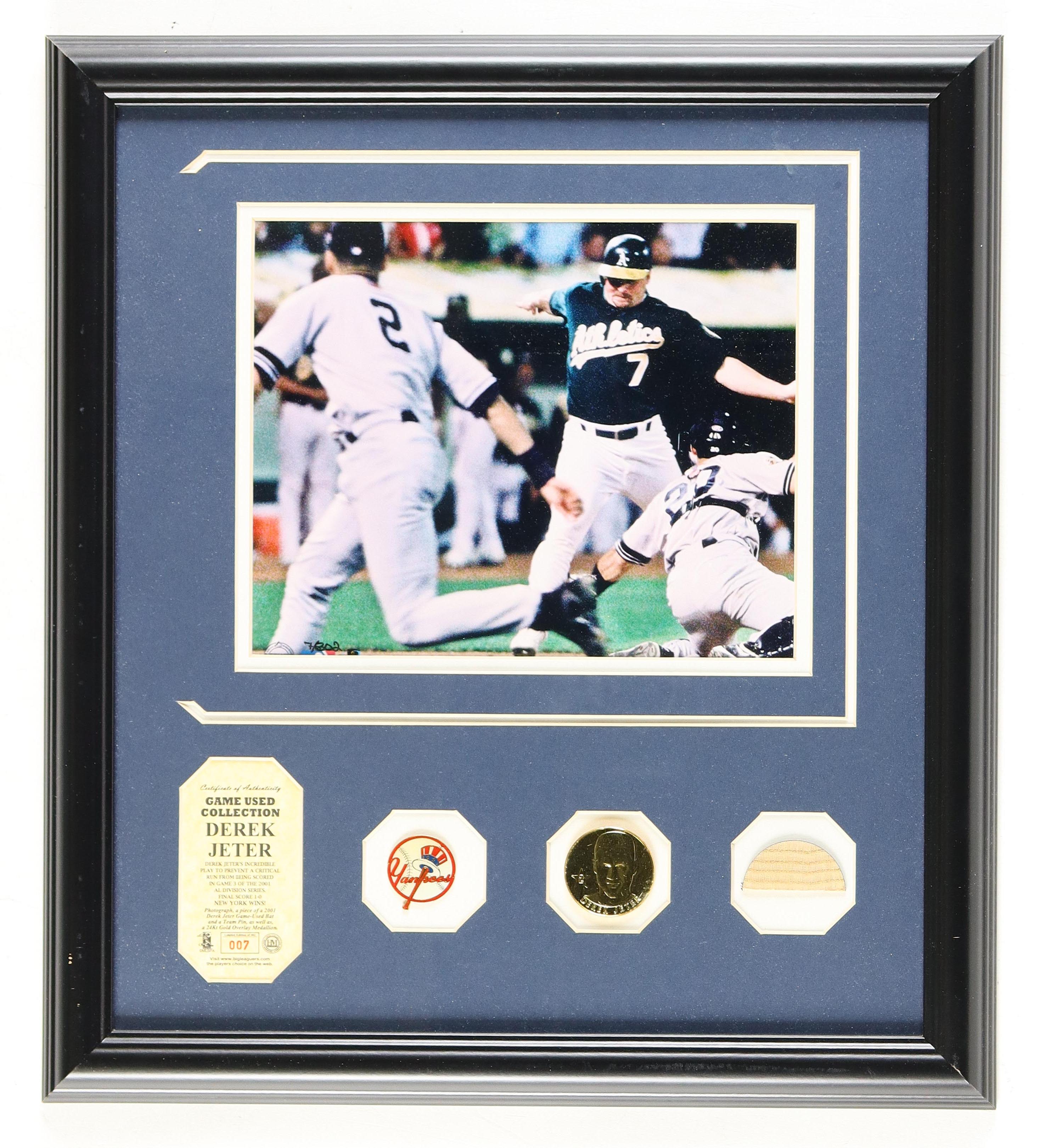 Derek Jeter Custom Framed Photo Includes Authentic Game Bat Piece, Pin and Coin (HM) at PristineAuction.com Derek Jeter Custom Framed Photo Includes Authentic Game Bat Piece, Pin and Coin (HM) at PristineAuction.com