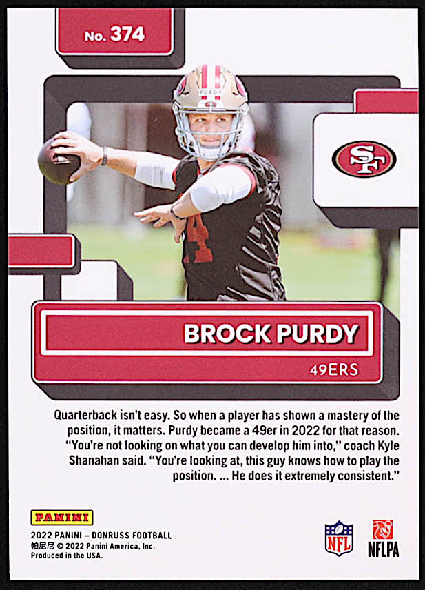 Brock Purdy 2022 Donruss Premium Press Proof Gold #374 RR RC at PristineAuction.com Brock Purdy 2022 Donruss Premium Press Proof Gold #374 RR RC at PristineAuction.com