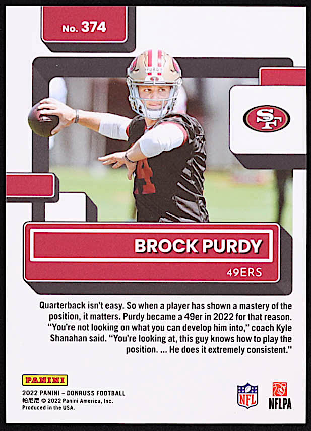 Brock Purdy 2022 Donruss Premium Press Proof Gold #374 RR RC at PristineAuction.com Brock Purdy 2022 Donruss Premium Press Proof Gold #374 RR RC at PristineAuction.com