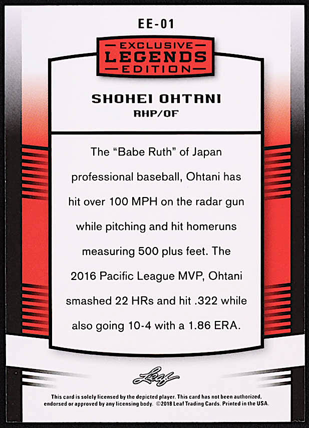 Shohei Ohtani 2018 Leaf Ohtani Legends Exclusive Edition Gold #EE01 RC #90/100 at PristineAuction.com Shohei Ohtani 2018 Leaf Ohtani Legends Exclusive Edition Gold #EE01 RC #90/100 at PristineAuction.com