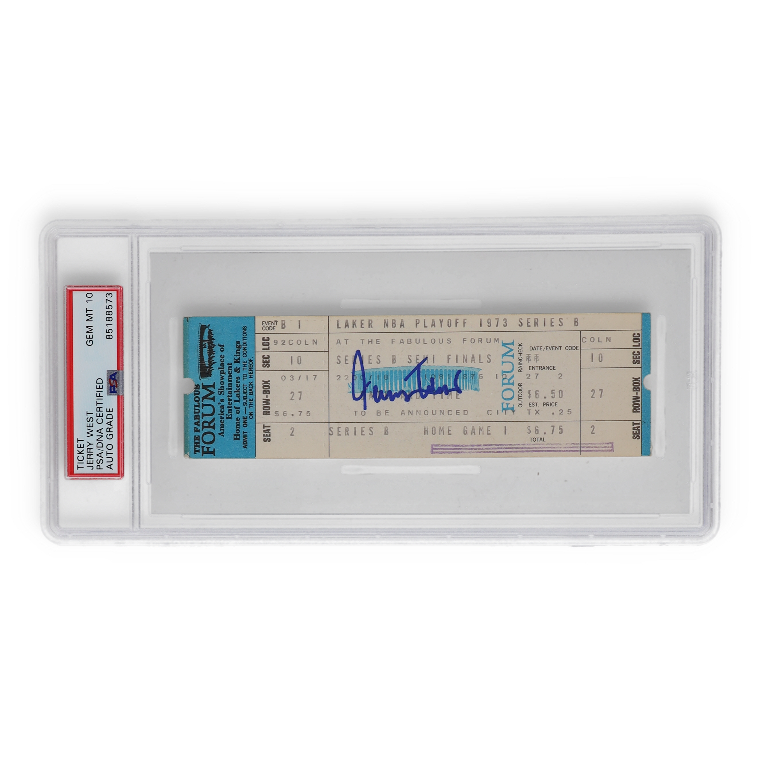 Jerry West Signed 1973 Lakers NBA Playoffs Ticket at the Forum (PSA | Auto Grade 10) at PristineAuction.com Jerry West Signed 1973 Lakers NBA Playoffs Ticket at the Forum (PSA | Auto Grade 10) at PristineAuction.com