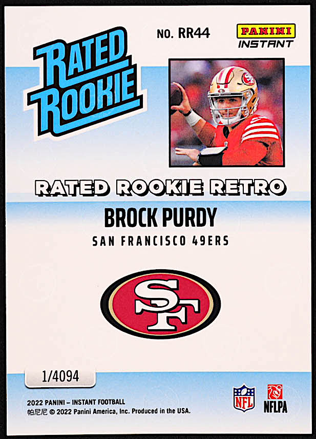 Brock Purdy 2022 Panini Instant Rated Rookie Retro #44 RC at PristineAuction.com Brock Purdy 2022 Panini Instant Rated Rookie Retro #44 RC at PristineAuction.com