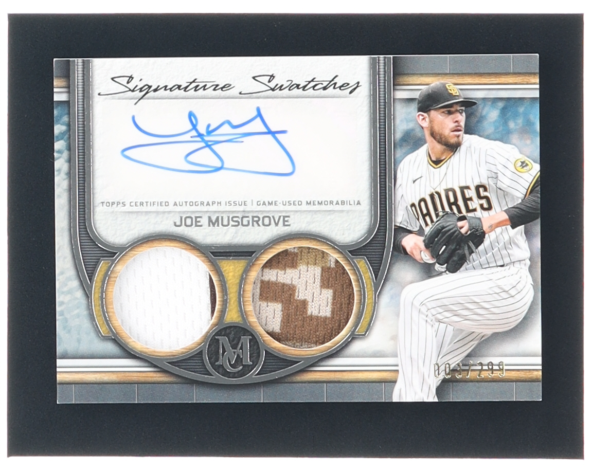 Joe Musgrove 2023 Topps Museum Collection Signature Swatches Dual Relic Autographs #SWDRAJM #003/299 at PristineAuction.com Joe Musgrove 2023 Topps Museum Collection Signature Swatches Dual Relic Autographs #SWDRAJM #003/299 at PristineAuction.com