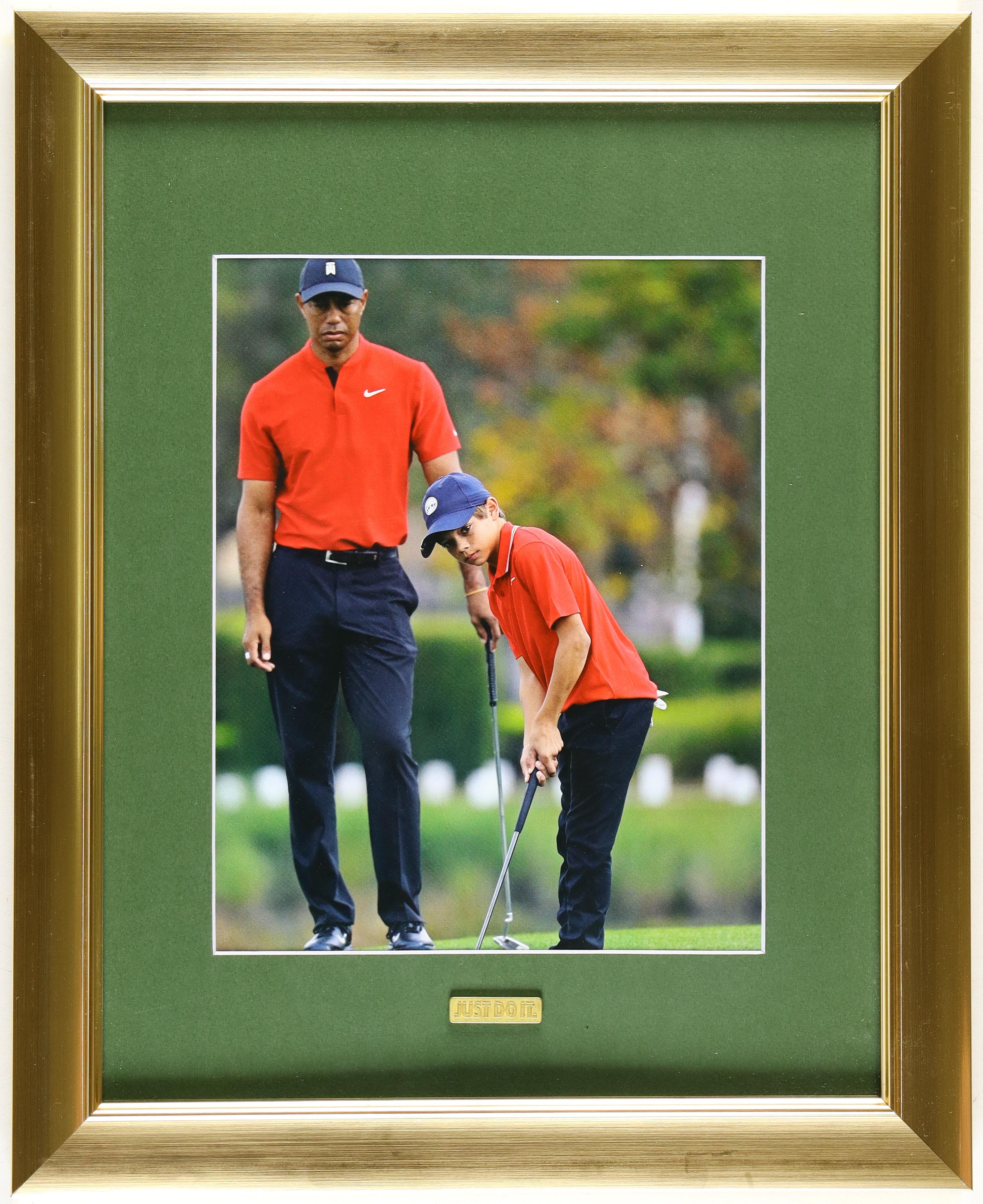 Tiger Woods Custom Framed Print Display with Vintage "Just Do It" Nike Pin at PristineAuction.com Tiger Woods Custom Framed Print Display with Vintage "Just Do It" Nike Pin at PristineAuction.com