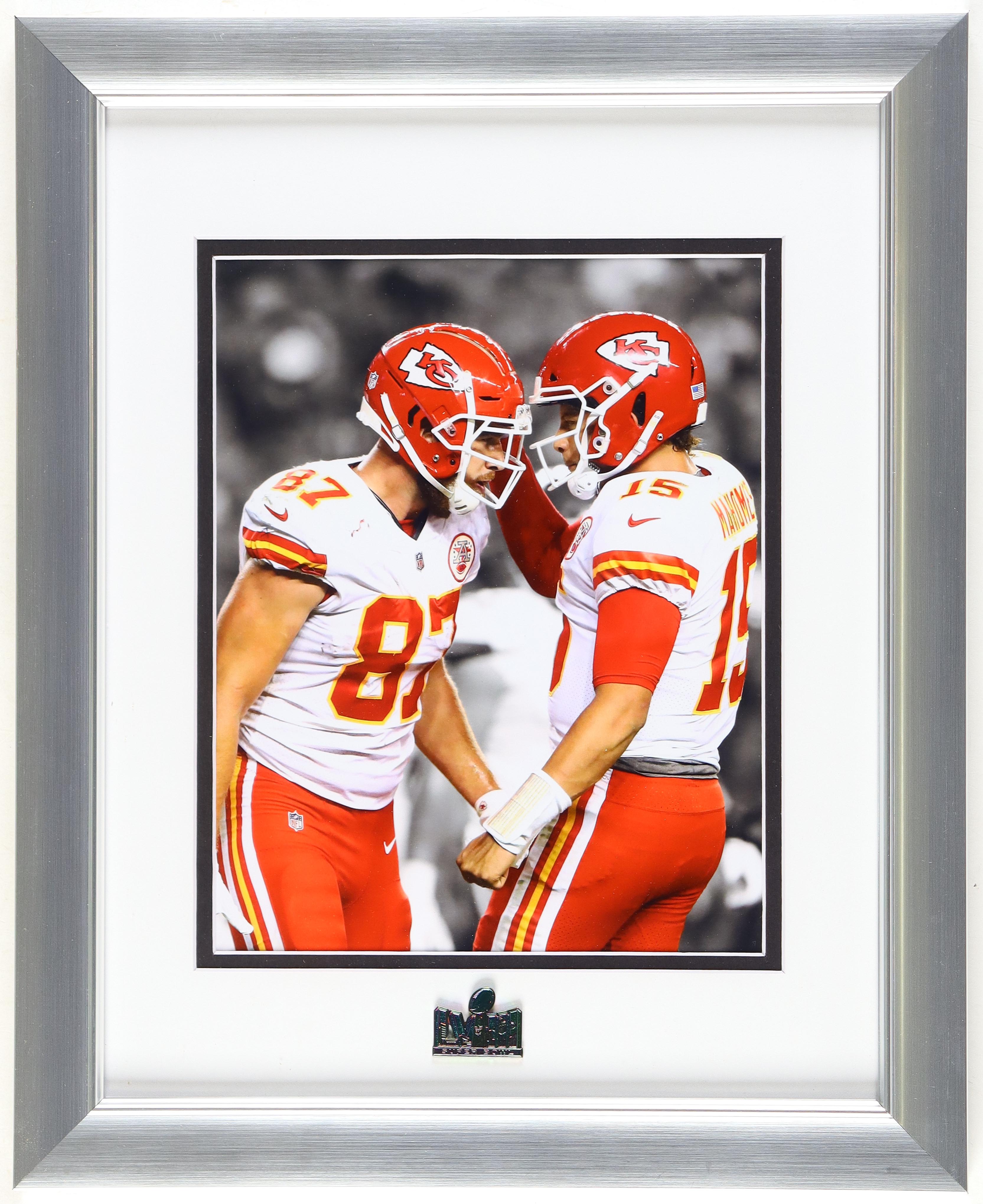 Patrick Mahomes & Travis Kelce Chiefs Custom Framed Photo Display With Official Super Bowl LVIII Pin at PristineAuction.com Patrick Mahomes & Travis Kelce Chiefs Custom Framed Photo Display With Official Super Bowl LVIII Pin at PristineAuction.com