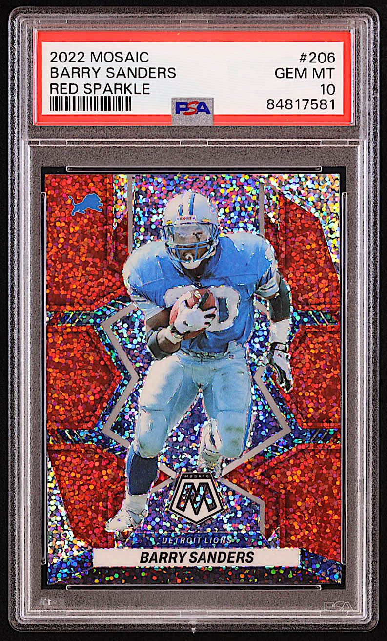 Barry Sanders 2022 Panini Mosaic Red Sparkle #206 (PSA 10) at PristineAuction.com Barry Sanders 2022 Panini Mosaic Red Sparkle #206 (PSA 10) at PristineAuction.com