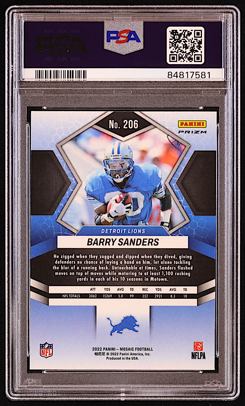 Barry Sanders 2022 Panini Mosaic Red Sparkle #206 (PSA 10) at PristineAuction.com Barry Sanders 2022 Panini Mosaic Red Sparkle #206 (PSA 10) at PristineAuction.com
