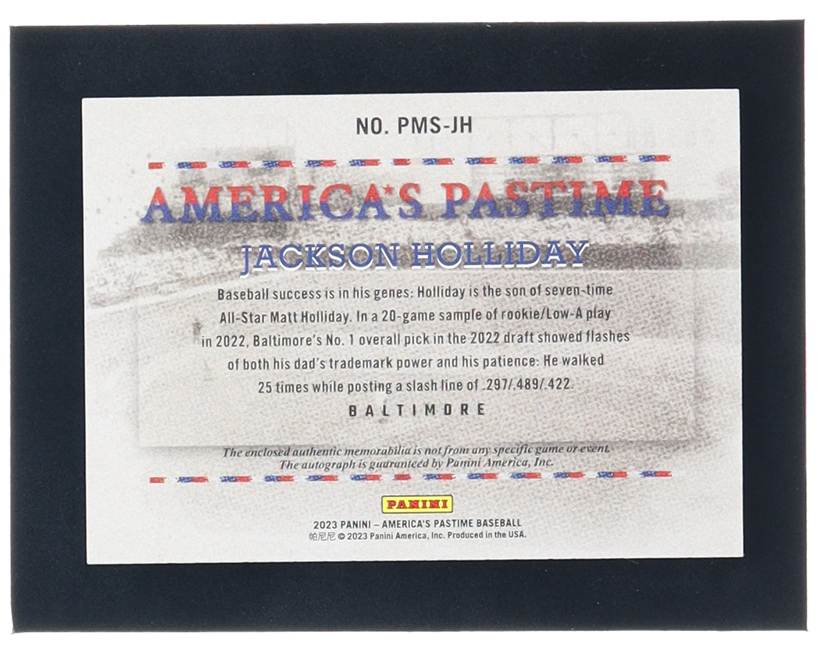 Jackson Holliday 2023 Panini Chronicles America's Pastime Pastime Material Signatures Gold #10 RC #11/25 at PristineAuction.com Jackson Holliday 2023 Panini Chronicles America's Pastime Pastime Material Signatures Gold #10 RC #11/25 at PristineAuction.com