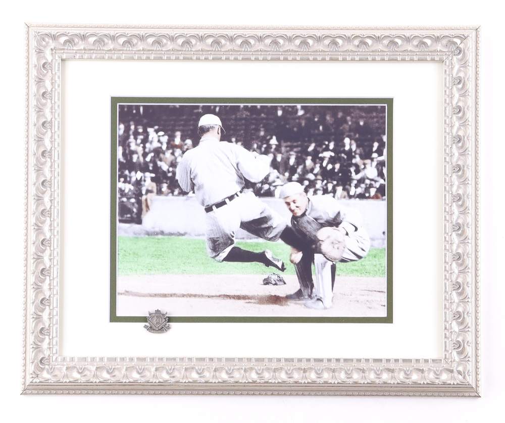 Ty Cobb Custom Framed Colorized Photo Display With Vintage Pewter Tigers Emblem at PristineAuction.com Ty Cobb Custom Framed Colorized Photo Display With Vintage Pewter Tigers Emblem at PristineAuction.com