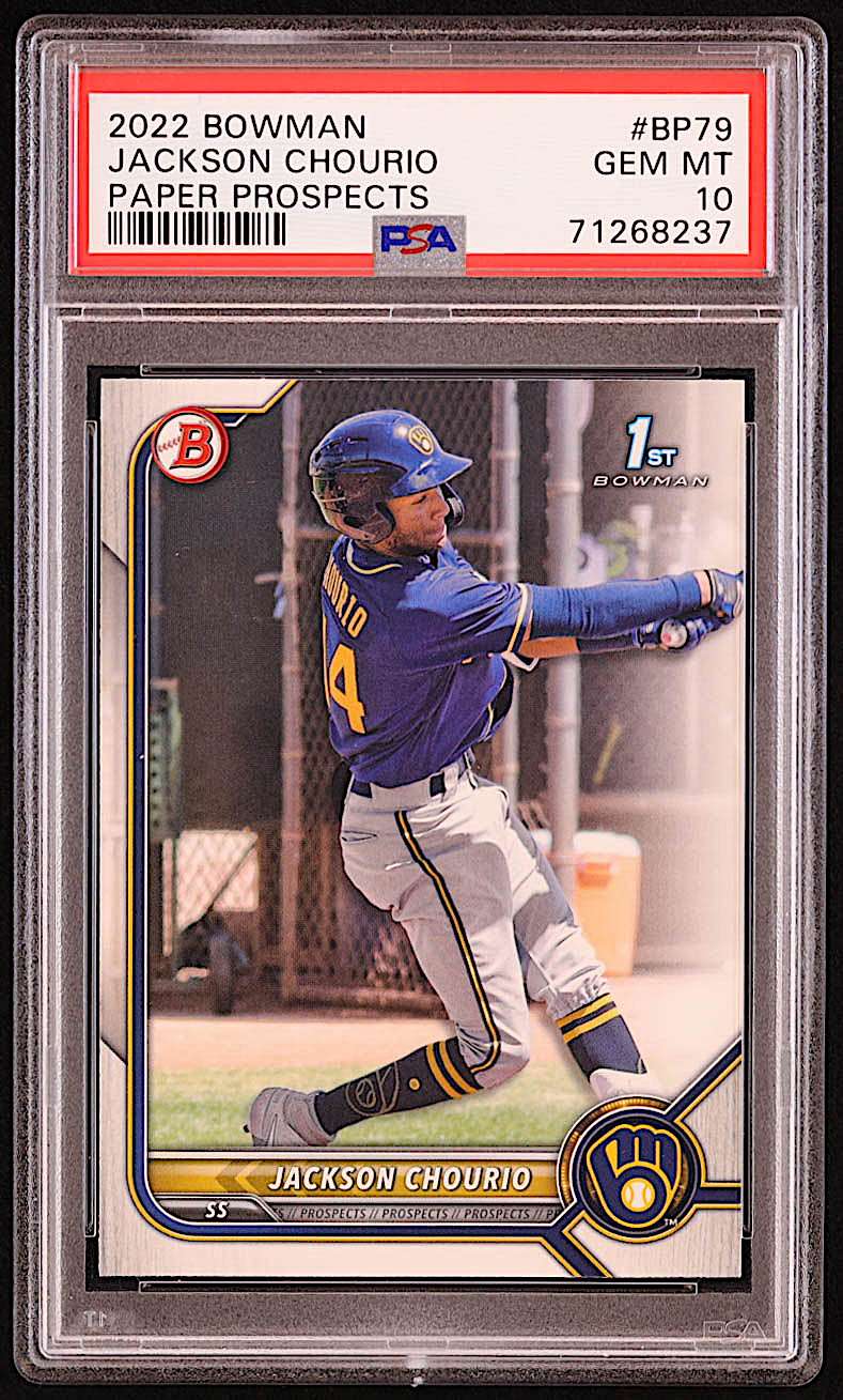 Jackson Chourio 2022 Bowman Prospects #BP79 RC (PSA 10) at PristineAuction.com Jackson Chourio 2022 Bowman Prospects #BP79 RC (PSA 10) at PristineAuction.com
