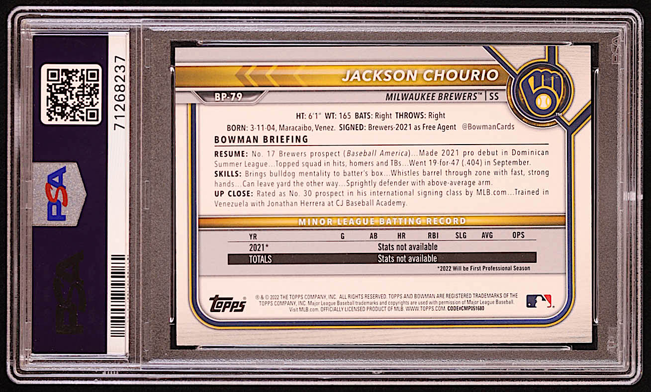 Jackson Chourio 2022 Bowman Prospects #BP79 RC (PSA 10) at PristineAuction.com Jackson Chourio 2022 Bowman Prospects #BP79 RC (PSA 10) at PristineAuction.com