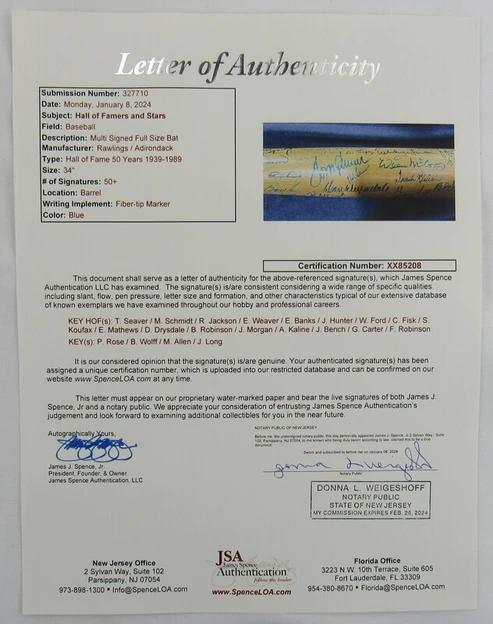 Baseball Hall of Famers & Stars Rawlings Baseball Bat Signed By (50+) with Nolan Ryan, Hank Aaron, Stan Musial, Sandy Koufax, Harmen Killebrew, Willie Mays (JSA) at PristineAuction.com Baseball Hall of Famers & Stars Rawlings Baseball Bat Signed By (50+) with Nolan Ryan, Hank Aaron, Stan Musial, Sandy Koufax, Harmen Killebrew, Willie Mays (JSA) at PristineAuction.com