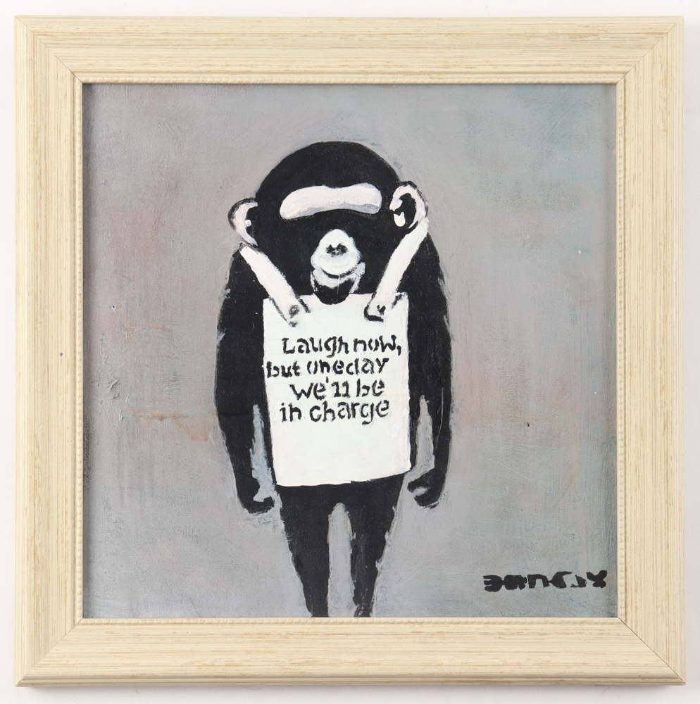 Banksy "Laugh Now" Custom Framed Painting at PristineAuction.com Banksy "Laugh Now" Custom Framed Painting at PristineAuction.com