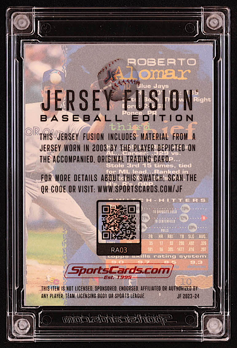 Roberto Alomar 2023 Sportscards.com Jersey Fusion Game-Used Swatch #RA03 at PristineAuction.com Roberto Alomar 2023 Sportscards.com Jersey Fusion Game-Used Swatch #RA03 at PristineAuction.com