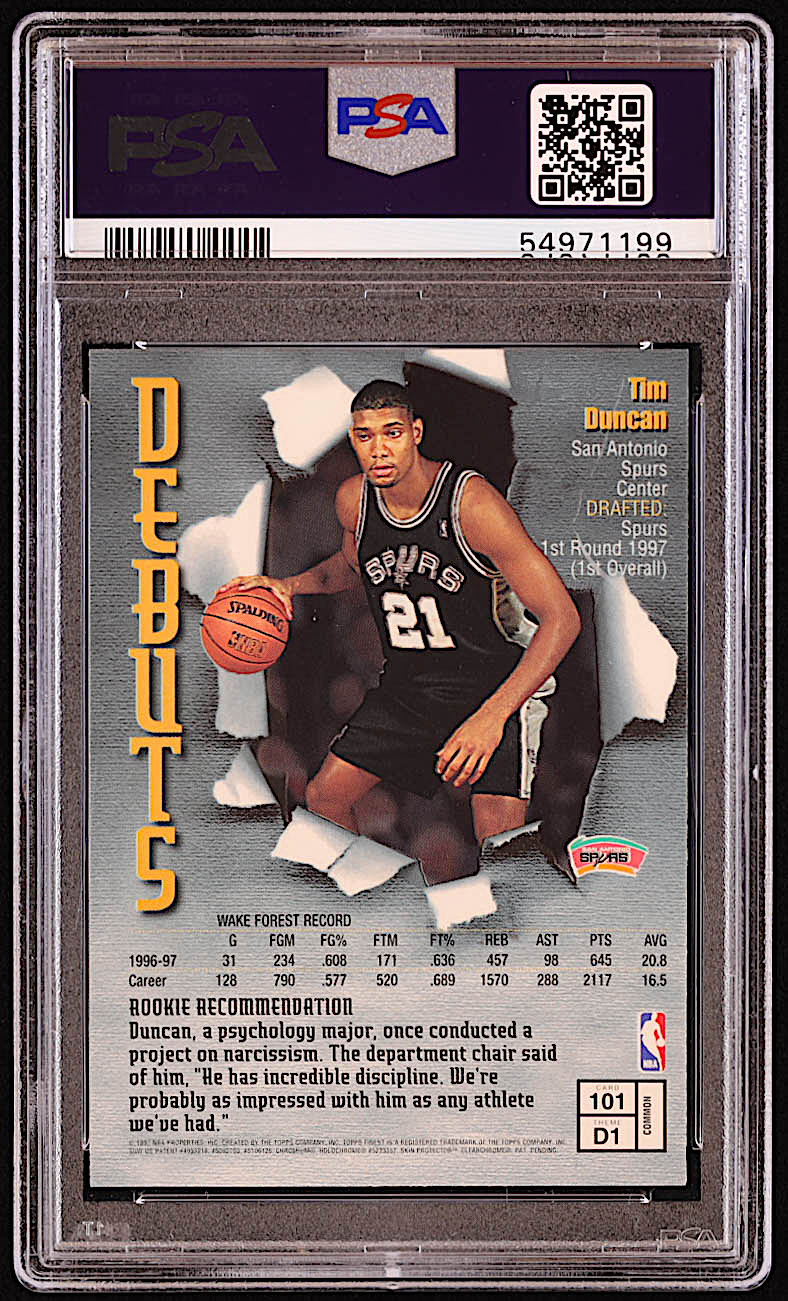 Tim Duncan 1997-98 Finest #101 B RC (PSA 9) at PristineAuction.com Tim Duncan 1997-98 Finest #101 B RC (PSA 9) at PristineAuction.com