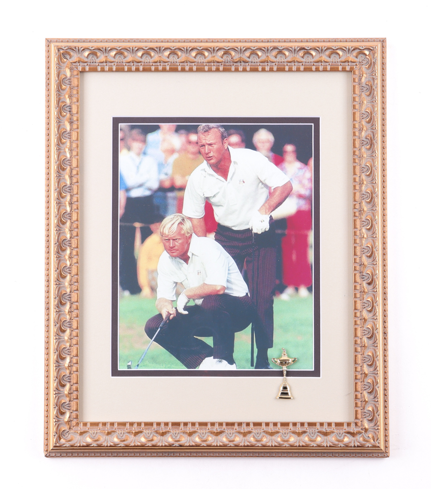 "Arnold Palmer & Jack Nicklaus At Ryder Cup" Custom Framed Photo Display With Ryder Cup Mini Trophy Emblem at PristineAuction.com "Arnold Palmer & Jack Nicklaus At Ryder Cup" Custom Framed Photo Display With Ryder Cup Mini Trophy Emblem at PristineAuction.com