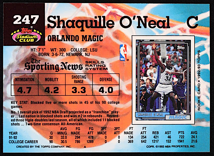 Shaquille O'Neal 1992-93 Stadium Club #247 RC at PristineAuction.com Shaquille O'Neal 1992-93 Stadium Club #247 RC at PristineAuction.com