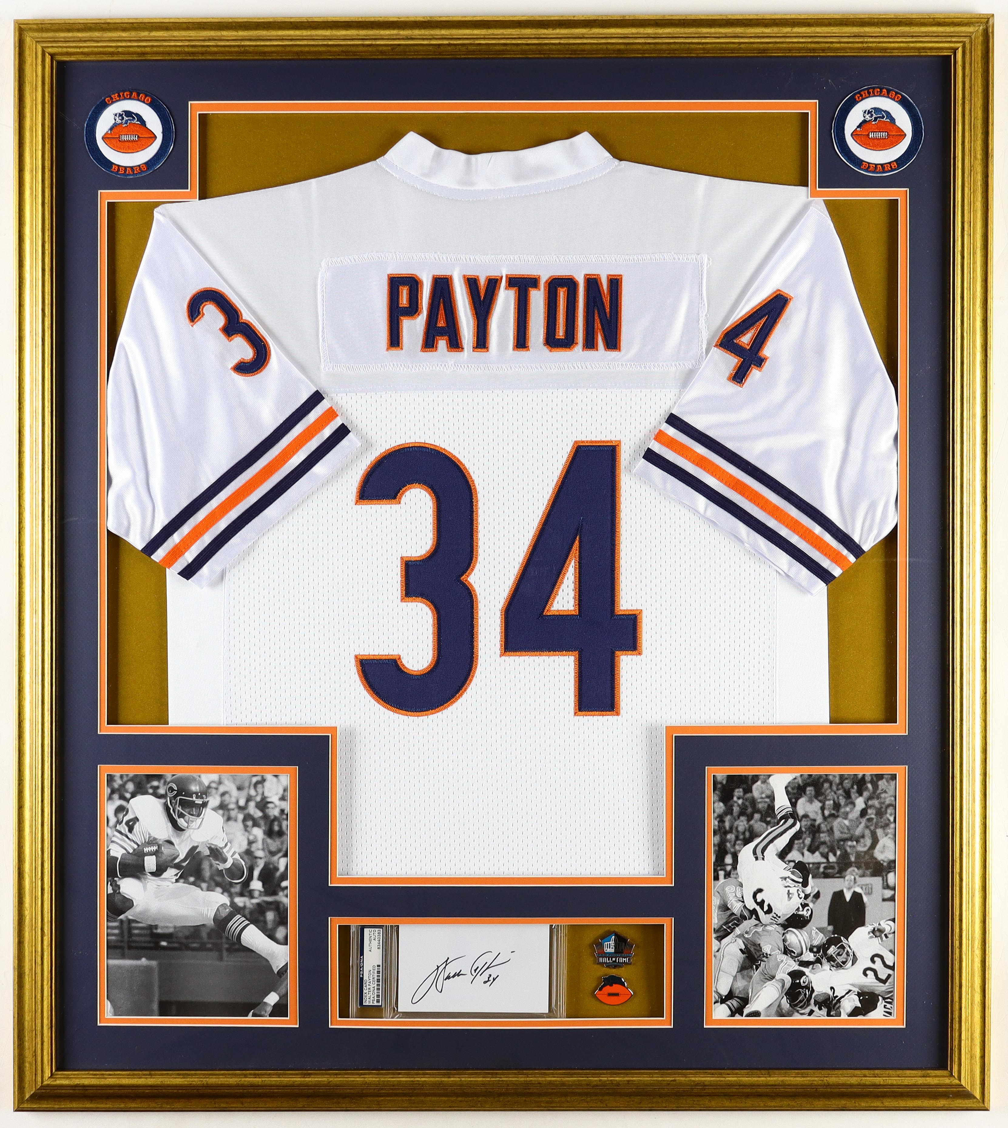 Walter Payton Signed Bears Custom Framed Cut Display with Jersey, Official Hall Of Fame & Team Logo Pins & (2) Team Cloth Logo Patches (PSA) at PristineAuction.com Walter Payton Signed Bears Custom Framed Cut Display with Jersey, Official Hall Of Fame & Team Logo Pins & (2) Team Cloth Logo Patches (PSA) at PristineAuction.com