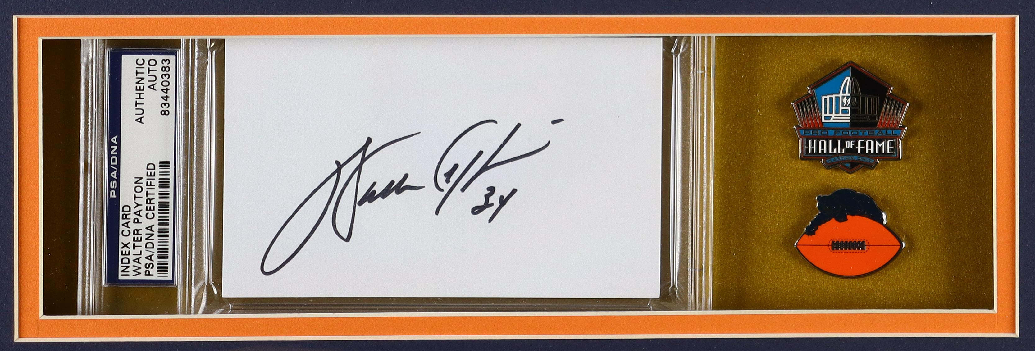 Walter Payton Signed Bears Custom Framed Cut Display with Jersey, Official Hall Of Fame & Team Logo Pins & (2) Team Cloth Logo Patches (PSA) at PristineAuction.com Walter Payton Signed Bears Custom Framed Cut Display with Jersey, Official Hall Of Fame & Team Logo Pins & (2) Team Cloth Logo Patches (PSA) at PristineAuction.com