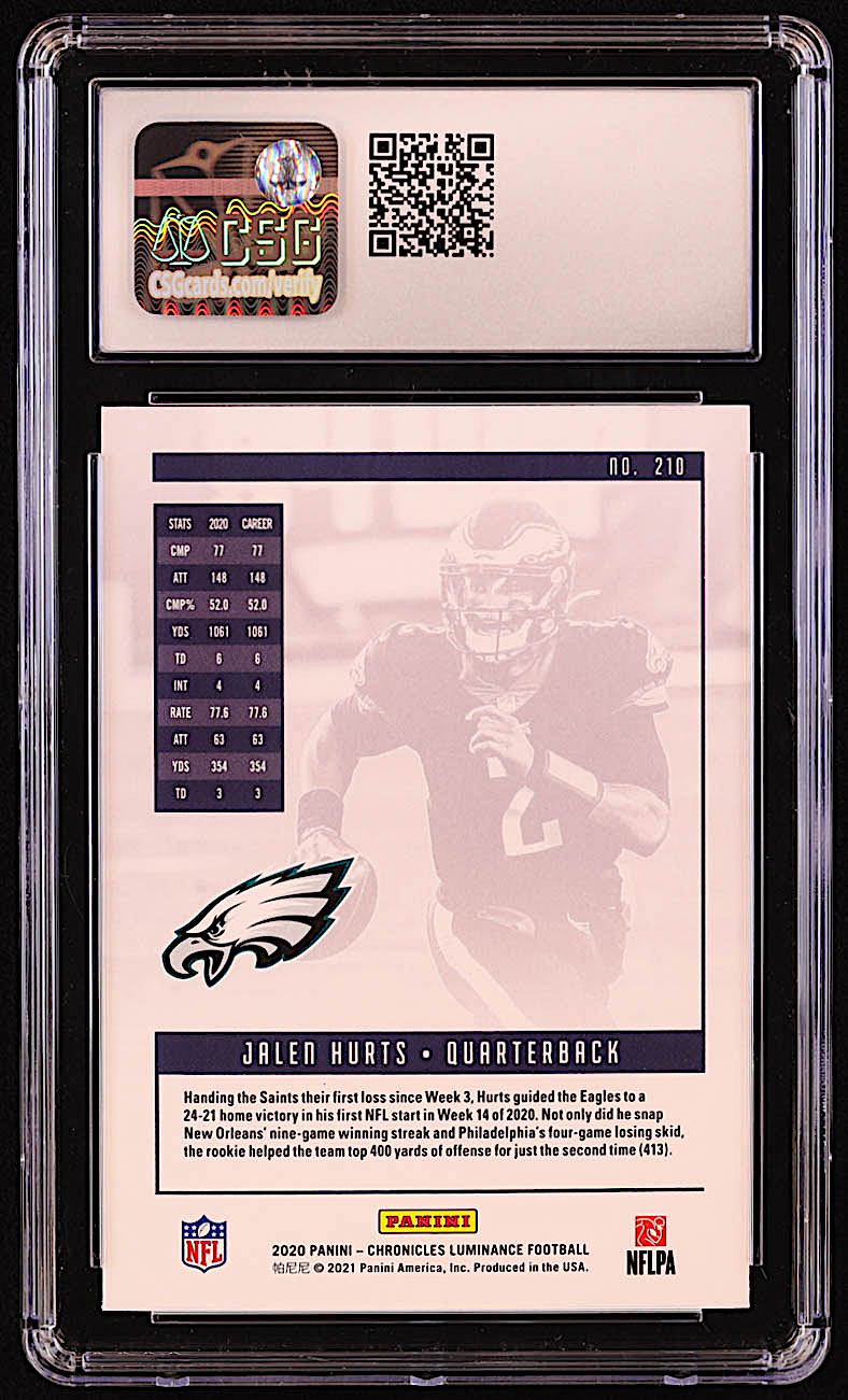 Jalen Hurts 2020 Panini Luminance #210 Chronicles RC (CSG 9.5) at PristineAuction.com Jalen Hurts 2020 Panini Luminance #210 Chronicles RC (CSG 9.5) at PristineAuction.com