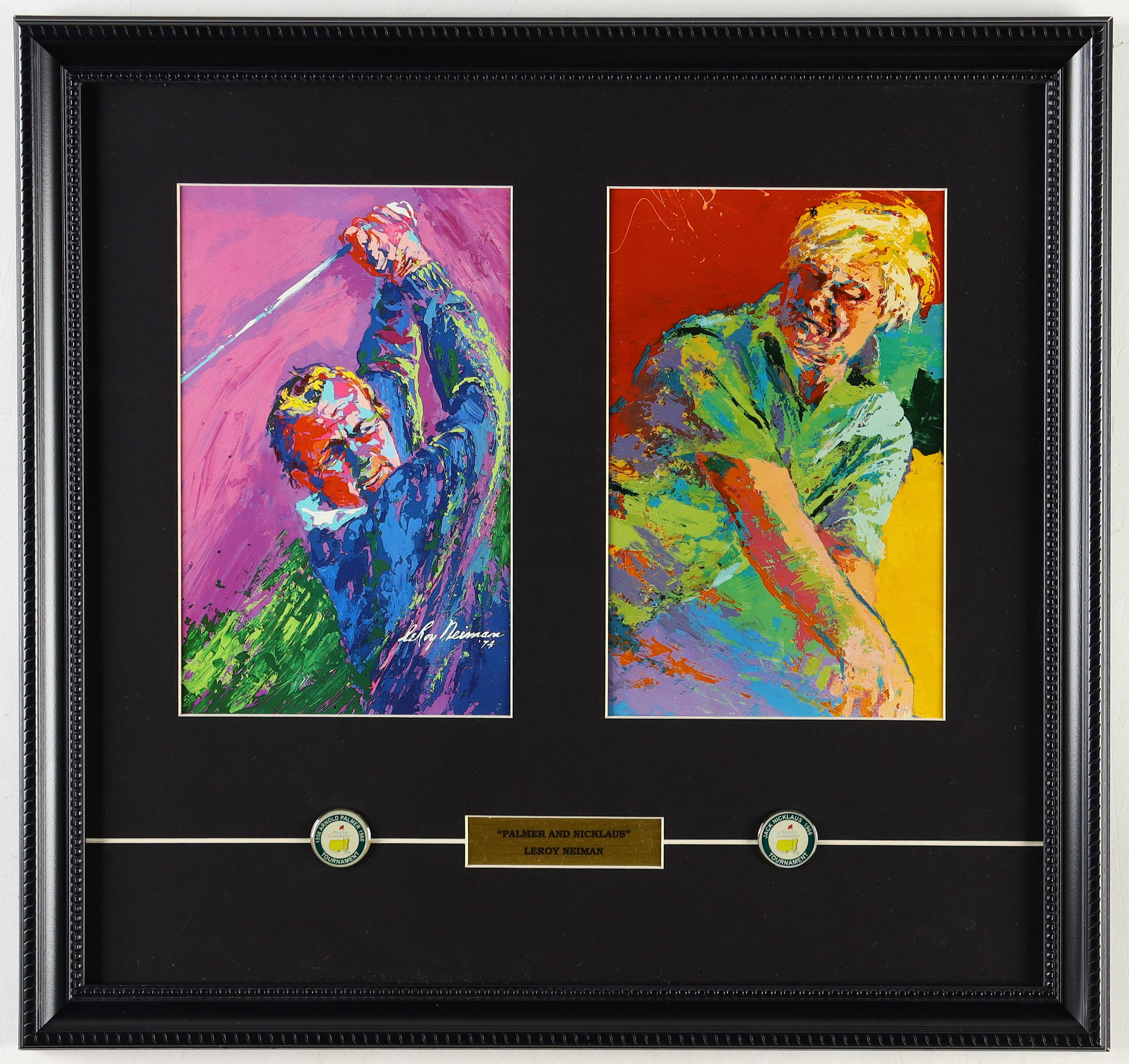 Arnold Palmer & Jack Nicklaus LeRoy Neiman Custom Framed Art Print Display With (2) Masters Champions Player Pins at PristineAuction.com Arnold Palmer & Jack Nicklaus LeRoy Neiman Custom Framed Art Print Display With (2) Masters Champions Player Pins at PristineAuction.com