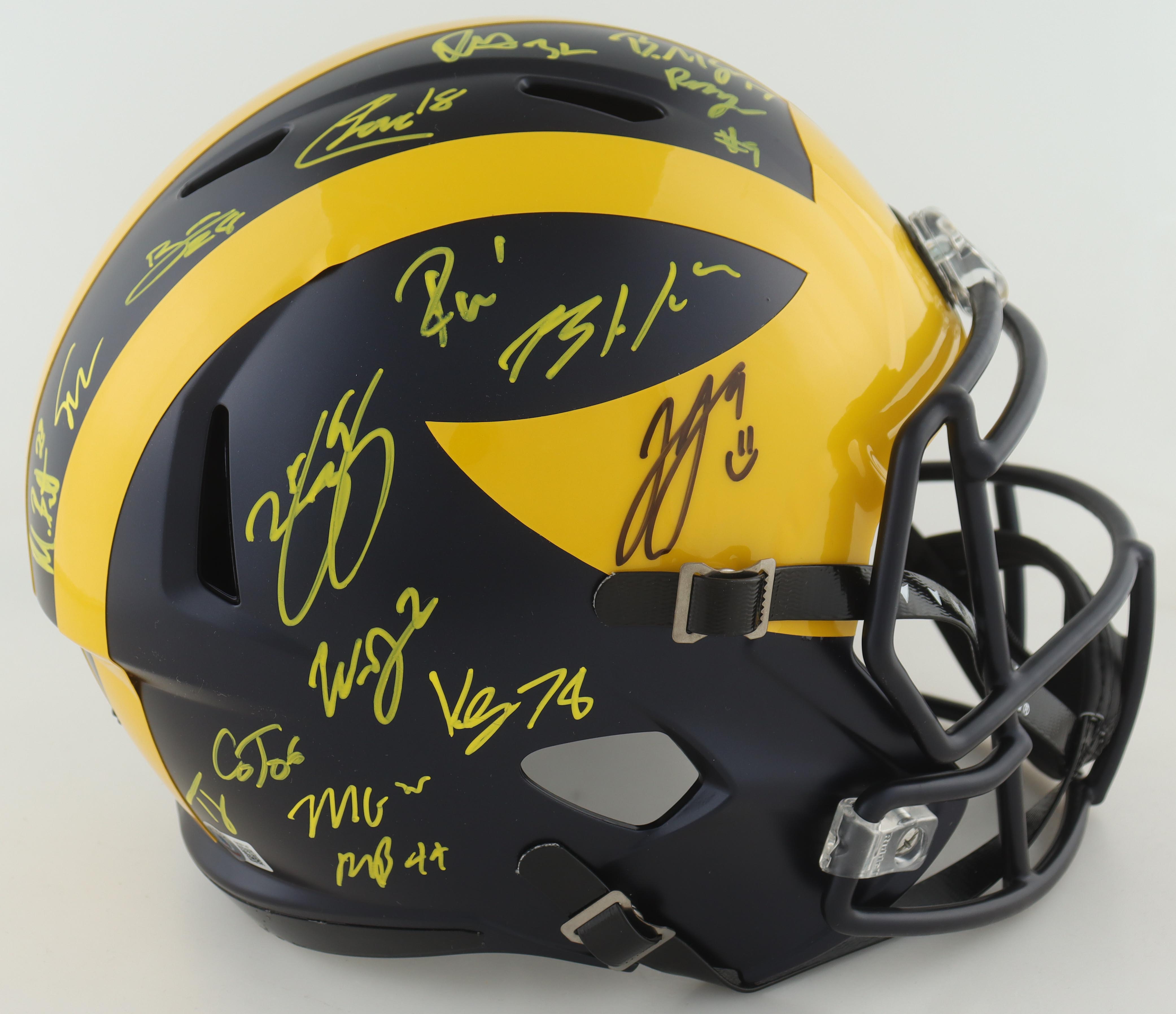 2023 Michigan Wolverines Full-Size Speed Helmet Team-Signed by (19) with J.J. McCarthy, Blake Corum, Roman Wilson, Colston Loveland (Beckett) at PristineAuction.com 2023 Michigan Wolverines Full-Size Speed Helmet Team-Signed by (19) with J.J. McCarthy, Blake Corum, Roman Wilson, Colston Loveland (Beckett) at PristineAuction.com
