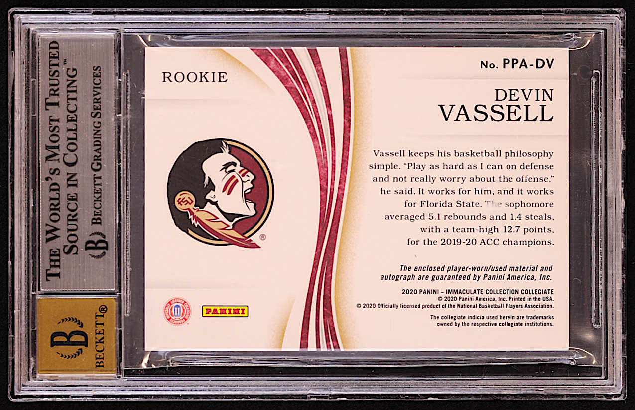 Devin Vassell 2020-21 Immaculate Collection Collegiate Premium Patches Rookie Autographs Brand Logo #10 #1/2 RC (BGS 9 | Auto 10) at PristineAuction.com Devin Vassell 2020-21 Immaculate Collection Collegiate Premium Patches Rookie Autographs Brand Logo #10 #1/2 RC (BGS 9 | Auto 10) at PristineAuction.com