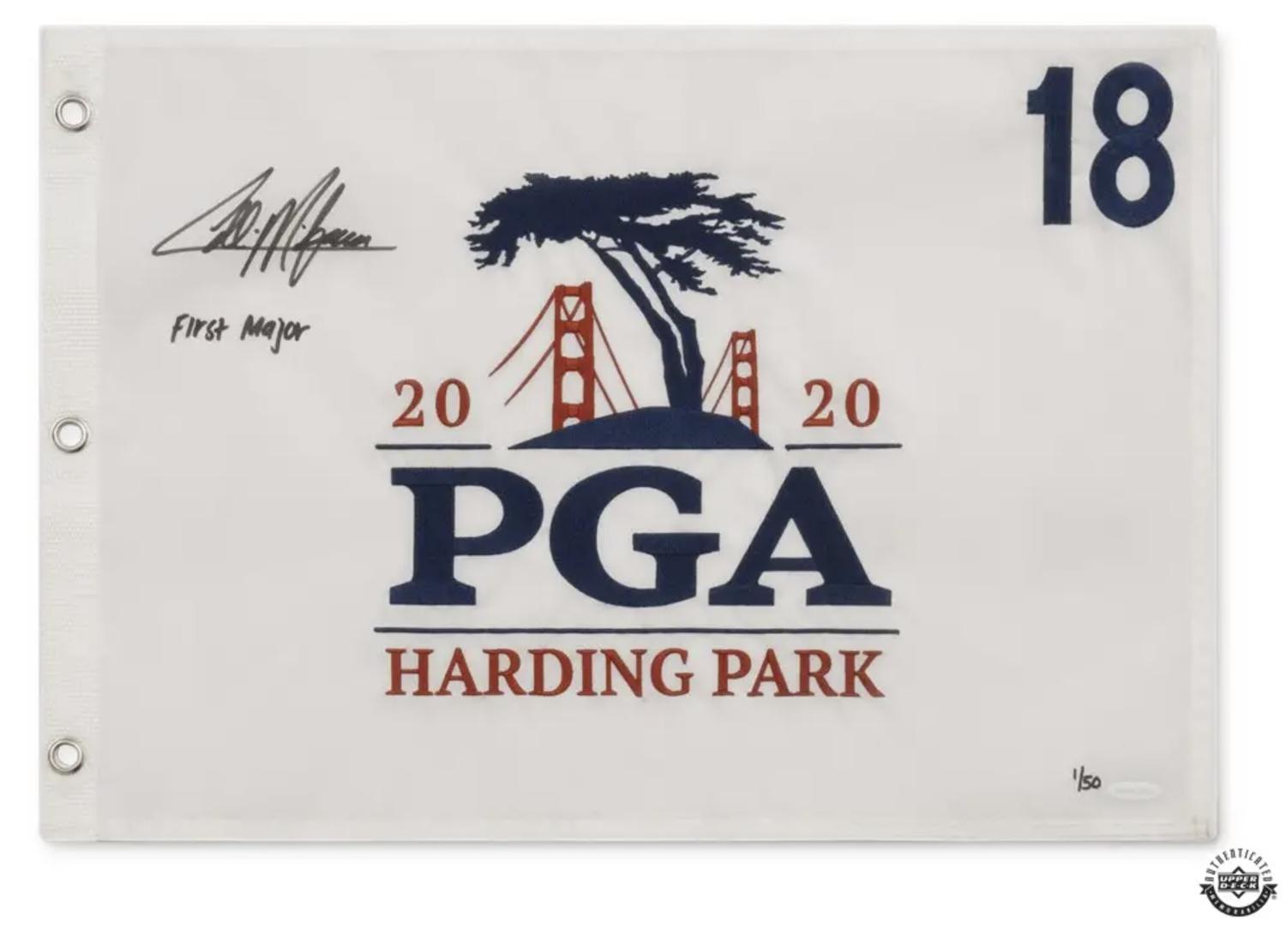 Collin Morikawa Signed LE 2020 PGA Championship Pin Flag Inscribed "1st Major" (UDA) at PristineAuction.com Collin Morikawa Signed LE 2020 PGA Championship Pin Flag Inscribed "1st Major" (UDA) at PristineAuction.com