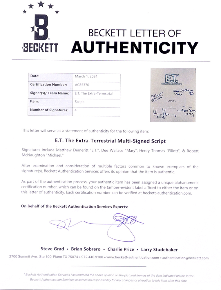 "E.T. The Extra-Terrestrial" Movie Script Signed By (4) with Dee Wallace, Henry Thomas, Matthew De Meritt & Robert MacNaughton & Character Name Inscriptions (Beckett) at PristineAuction.com "E.T. The Extra-Terrestrial" Movie Script Signed By (4) with Dee Wallace, Henry Thomas, Matthew De Meritt & Robert MacNaughton & Character Name Inscriptions (Beckett) at PristineAuction.com
