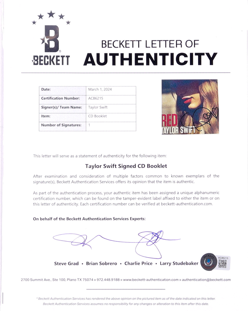 Taylor Swift Signed Custom Framed "Red" CD Album Insert Booklet With Disc (Beckett) at PristineAuction.com Taylor Swift Signed Custom Framed "Red" CD Album Insert Booklet With Disc (Beckett) at PristineAuction.com