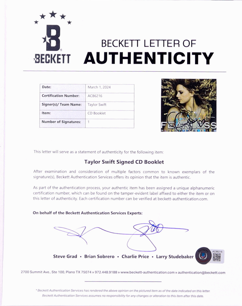 Taylor Swift Signed Custom Framed "Fearless" CD Booklet Display (Beckett) at PristineAuction.com Taylor Swift Signed Custom Framed "Fearless" CD Booklet Display (Beckett) at PristineAuction.com
