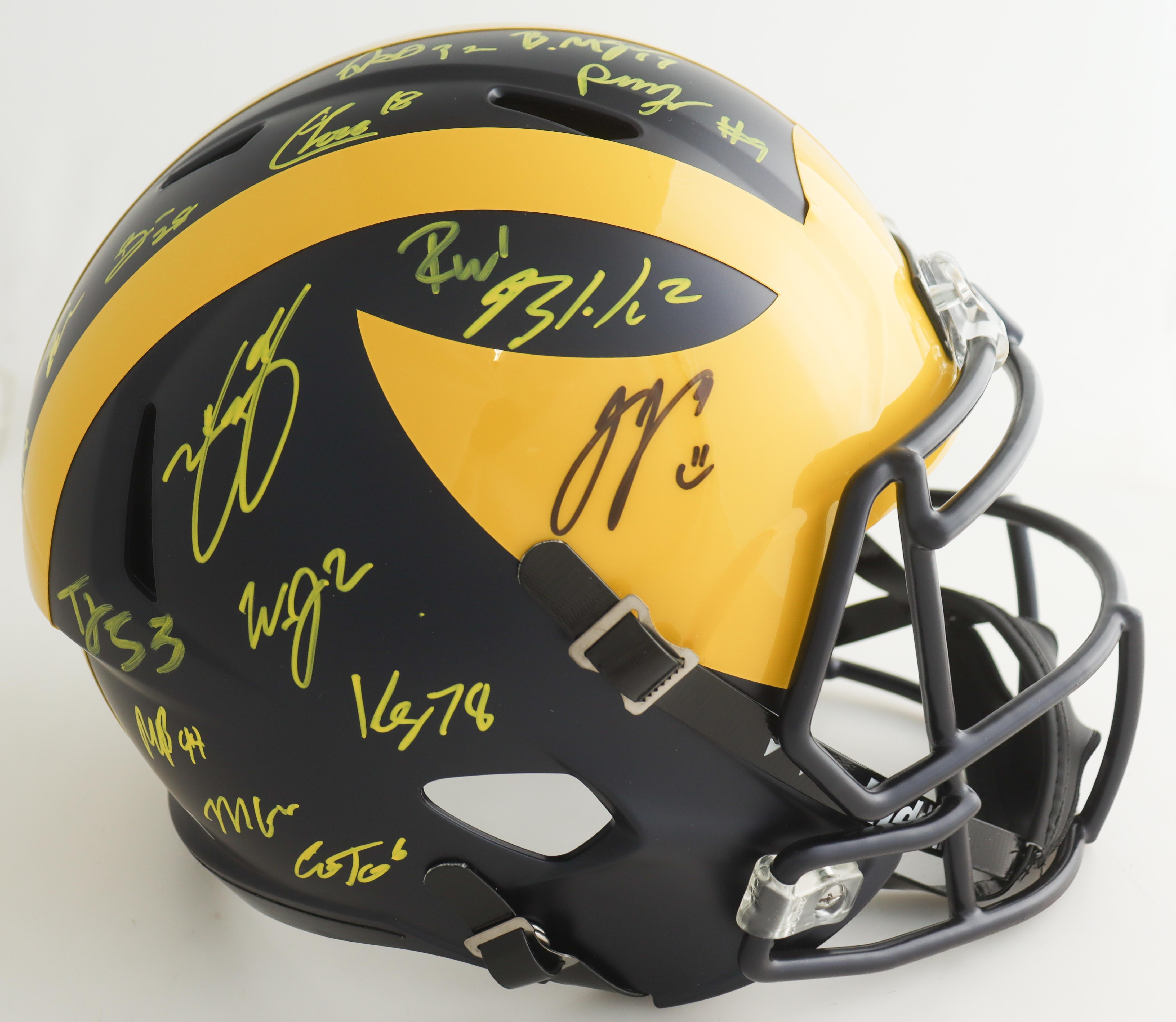 2023 Michigan Wolverines Full-Size Speed Helmet Team-Signed by (19) with J.J. McCarthy, Blake Corum, Roman Wilson, Colston Loveland (Beckett) at PristineAuction.com 2023 Michigan Wolverines Full-Size Speed Helmet Team-Signed by (19) with J.J. McCarthy, Blake Corum, Roman Wilson, Colston Loveland (Beckett) at PristineAuction.com