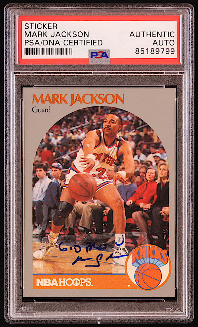 Mark Jackson Signed Sticker On 1990-91 Hoops #205 / Menendez Brothers in Background Inscribed "God Bless" (PSA) at PristineAuction.com Mark Jackson Signed Sticker On 1990-91 Hoops #205 / Menendez Brothers in Background Inscribed "God Bless" (PSA) at PristineAuction.com