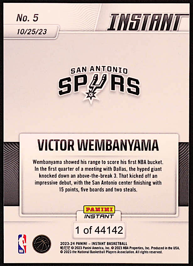 Victor Wembanyama 2023-24 Panini Instant #5 RC at PristineAuction.com Victor Wembanyama 2023-24 Panini Instant #5 RC at PristineAuction.com