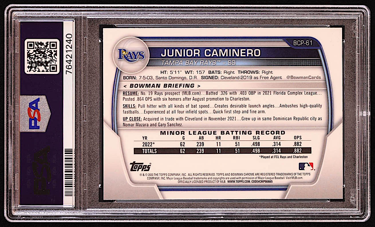Junior Caminero 2023 Bowman Chrome Prospects #BCP61 RC (PSA 10) at PristineAuction.com Junior Caminero 2023 Bowman Chrome Prospects #BCP61 RC (PSA 10) at PristineAuction.com