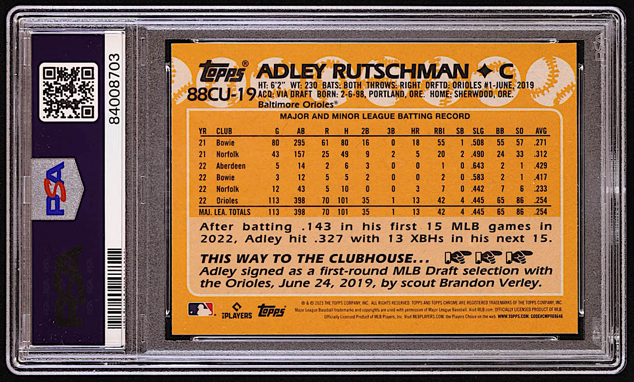 Adley Rutschman 2023 Topps Chrome Update '88 Topps #88CU19 RC (PSA 10) at PristineAuction.com Adley Rutschman 2023 Topps Chrome Update '88 Topps #88CU19 RC (PSA 10) at PristineAuction.com