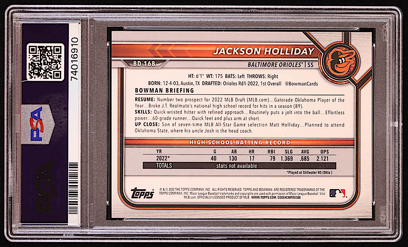 Jackson Holliday 2022 Bowman Draft #BD168 RC (PSA 9) at PristineAuction.com Jackson Holliday 2022 Bowman Draft #BD168 RC (PSA 9) at PristineAuction.com