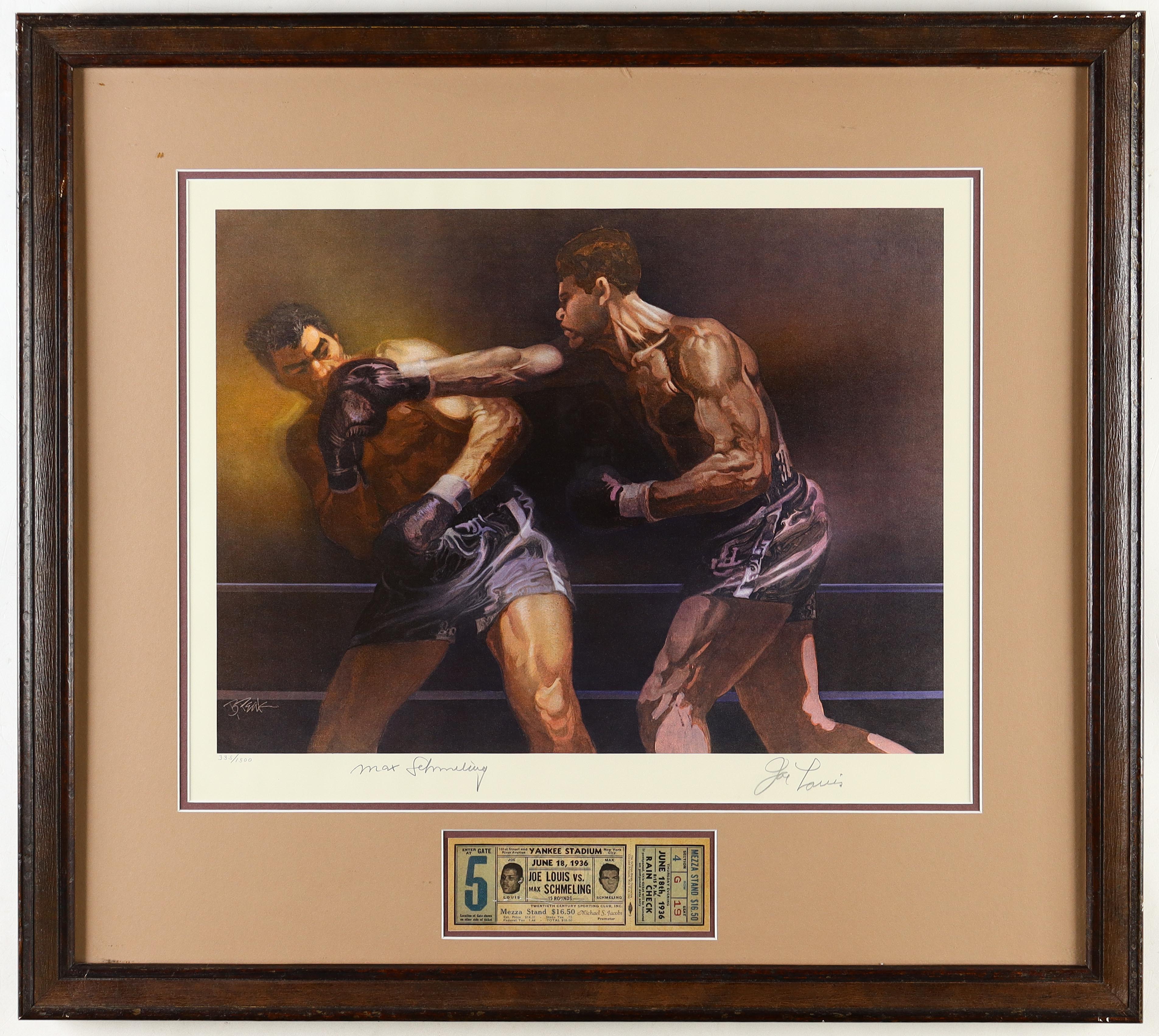Joe Louis & Max Schmeling Signed LE Custom Framed Photo Display with Replica 1936 Boxing Match Ticket (Beckett) at PristineAuction.com Joe Louis & Max Schmeling Signed LE Custom Framed Photo Display with Replica 1936 Boxing Match Ticket (Beckett) at PristineAuction.com