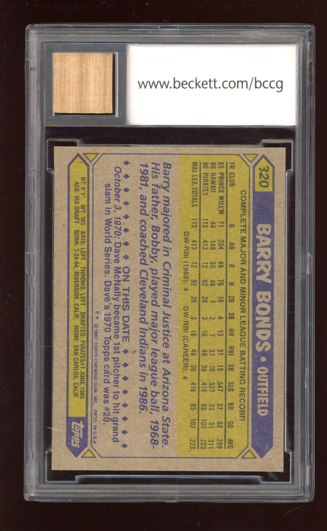Barry Bonds 1987 Topps #320 RC with Game-Used Bat Piece (BCCG 10) at PristineAuction.com Barry Bonds 1987 Topps #320 RC with Game-Used Bat Piece (BCCG 10) at PristineAuction.com