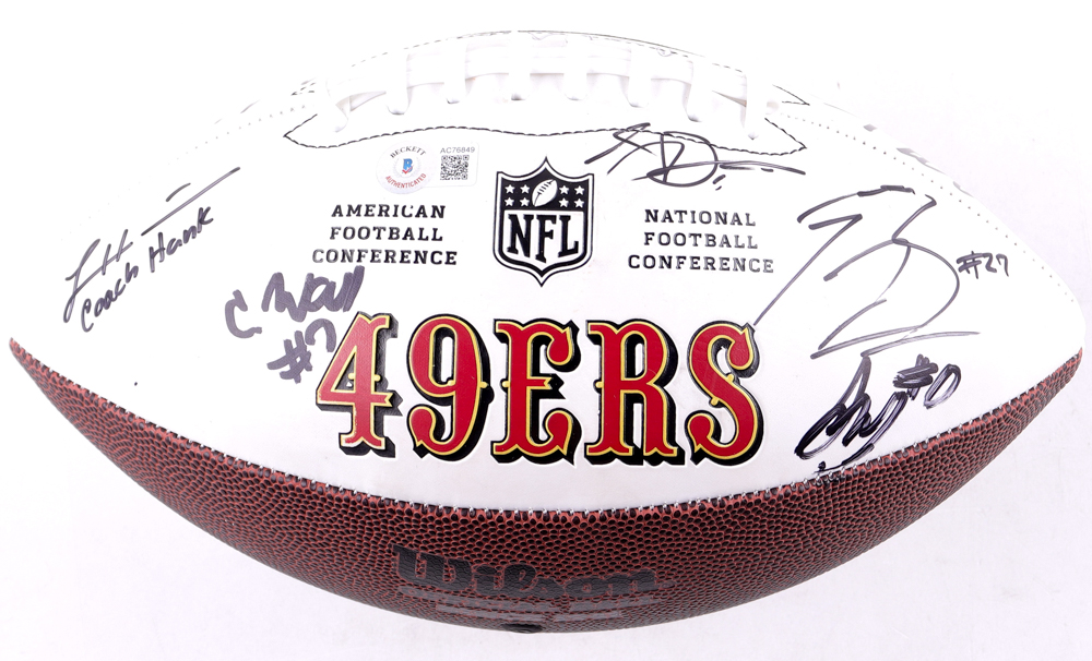 2023 49ers Logo Football Signed by (22) with Christian McCaffrey, Deebo Samuel, George Kittle, Sam Darnold (Beckett) at PristineAuction.com 2023 49ers Logo Football Signed by (22) with Christian McCaffrey, Deebo Samuel, George Kittle, Sam Darnold (Beckett) at PristineAuction.com