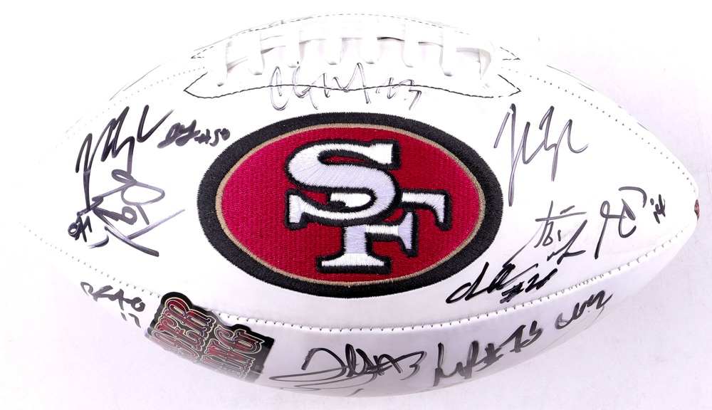 2023 49ers Logo Football Signed by (22) with Christian McCaffrey, Deebo Samuel, George Kittle, Sam Darnold (Beckett) at PristineAuction.com 2023 49ers Logo Football Signed by (22) with Christian McCaffrey, Deebo Samuel, George Kittle, Sam Darnold (Beckett) at PristineAuction.com