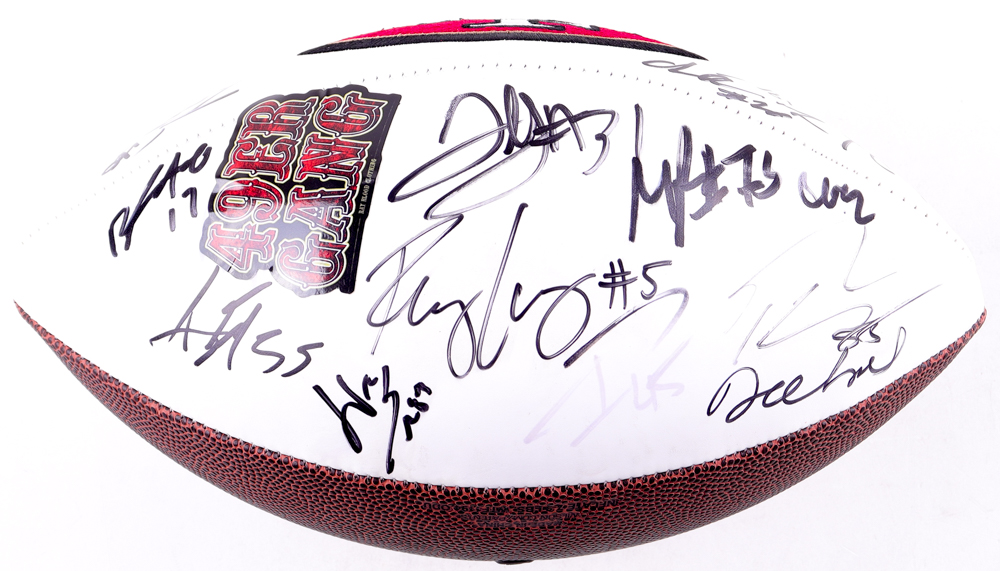 2023 49ers Logo Football Signed by (22) with Christian McCaffrey, Deebo Samuel, George Kittle, Sam Darnold (Beckett) at PristineAuction.com 2023 49ers Logo Football Signed by (22) with Christian McCaffrey, Deebo Samuel, George Kittle, Sam Darnold (Beckett) at PristineAuction.com