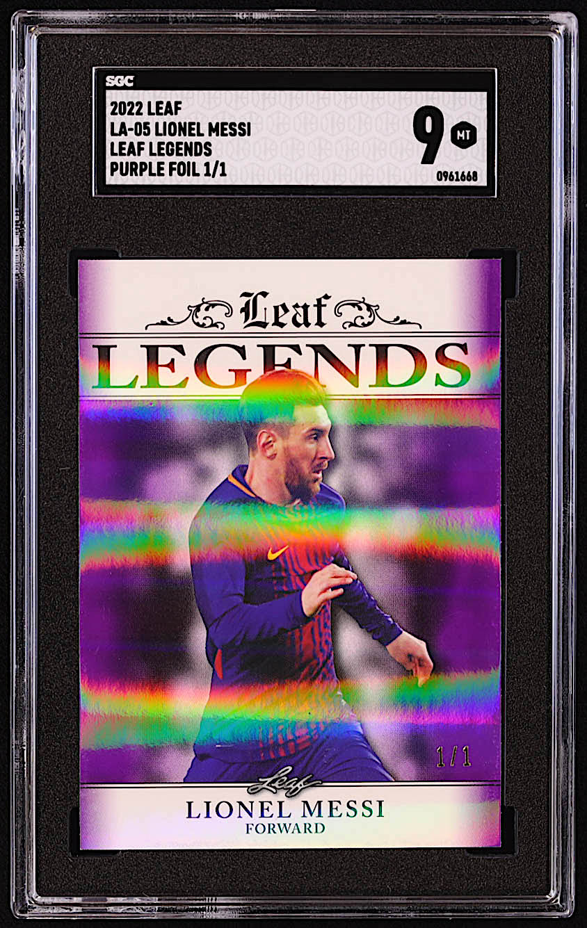 Lionel Messi 2022 Leaf Legends Purple Foil #LA05 #1/1 (SGC 9) at PristineAuction.com Lionel Messi 2022 Leaf Legends Purple Foil #LA05 #1/1 (SGC 9) at PristineAuction.com