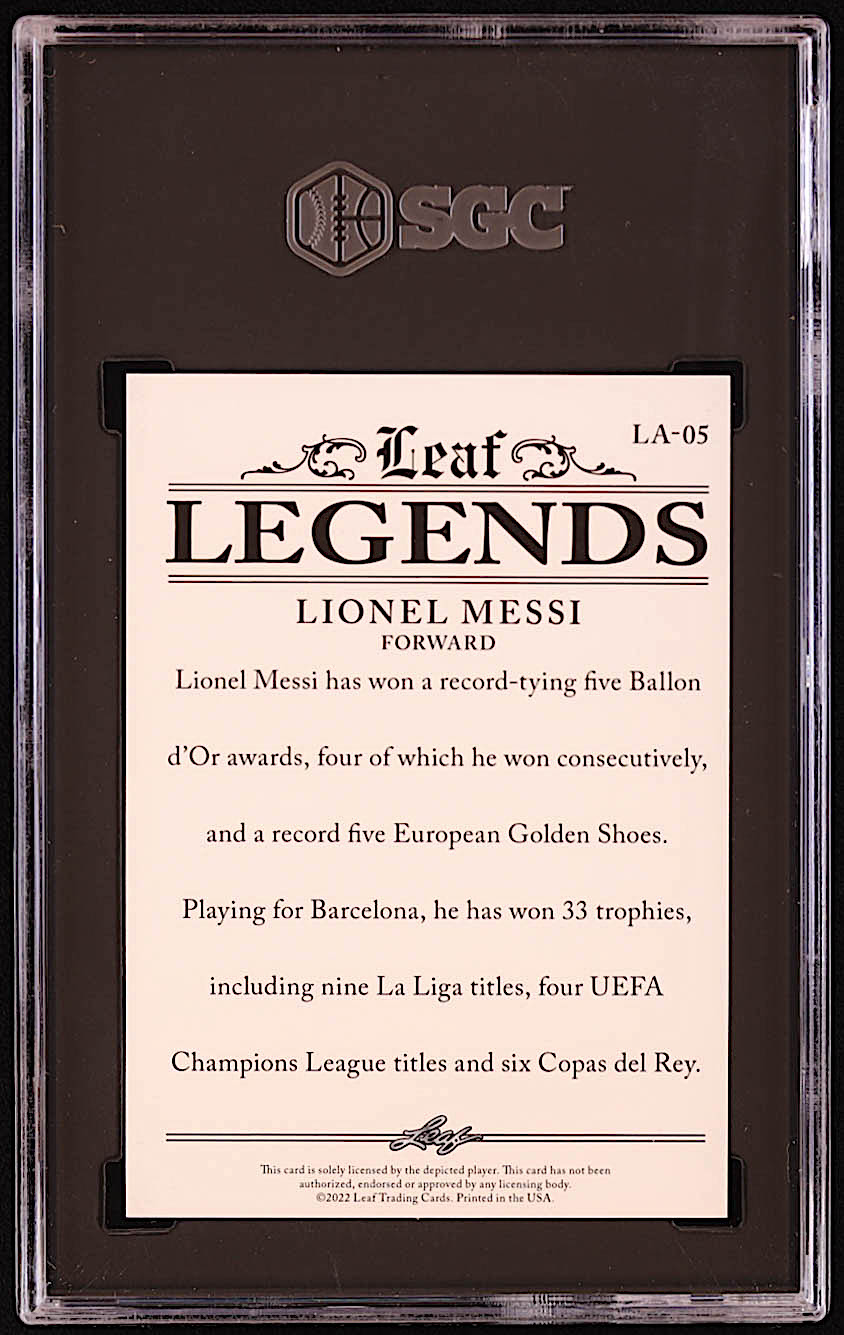 Lionel Messi 2022 Leaf Legends Purple Foil #LA05 #1/1 (SGC 9) at PristineAuction.com Lionel Messi 2022 Leaf Legends Purple Foil #LA05 #1/1 (SGC 9) at PristineAuction.com