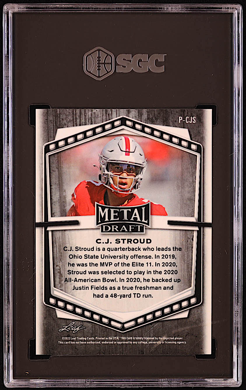 C.J. Stroud 2022 Leaf Draft and Prospects Metal Portrait Prismatic Purple #PCJS RC (SGC 9.5) at PristineAuction.com C.J. Stroud 2022 Leaf Draft and Prospects Metal Portrait Prismatic Purple #PCJS RC (SGC 9.5) at PristineAuction.com