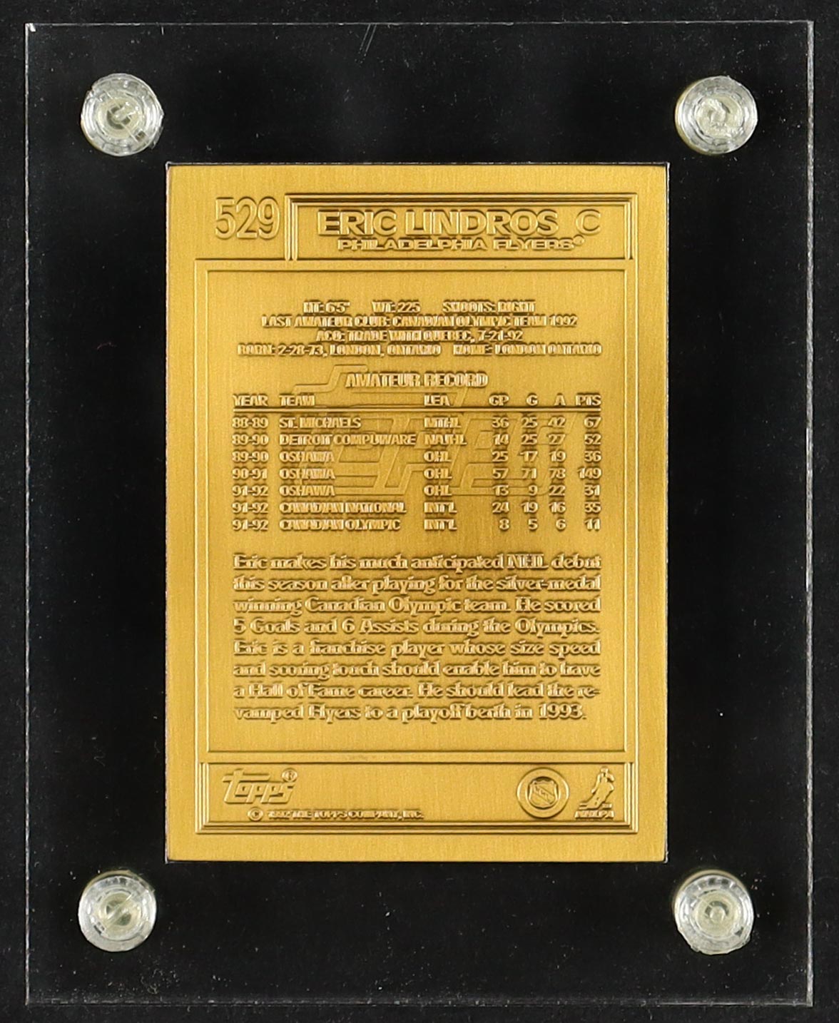 1992 Highland Mint LE Eric Lindros Bronze "Mint-Card" #529 #837/3,000 at PristineAuction.com 1992 Highland Mint LE Eric Lindros Bronze "Mint-Card" #529 #837/3,000 at PristineAuction.com