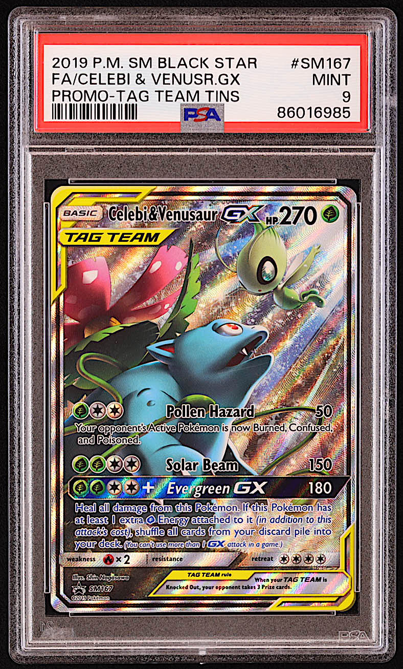 Celebi & Venusaur Tag Team GX 2016-21 Pokemon Sun and Moon Black Star Promos #SM167 (PSA 9) at PristineAuction.com Celebi & Venusaur Tag Team GX 2016-21 Pokemon Sun and Moon Black Star Promos #SM167 (PSA 9) at PristineAuction.com